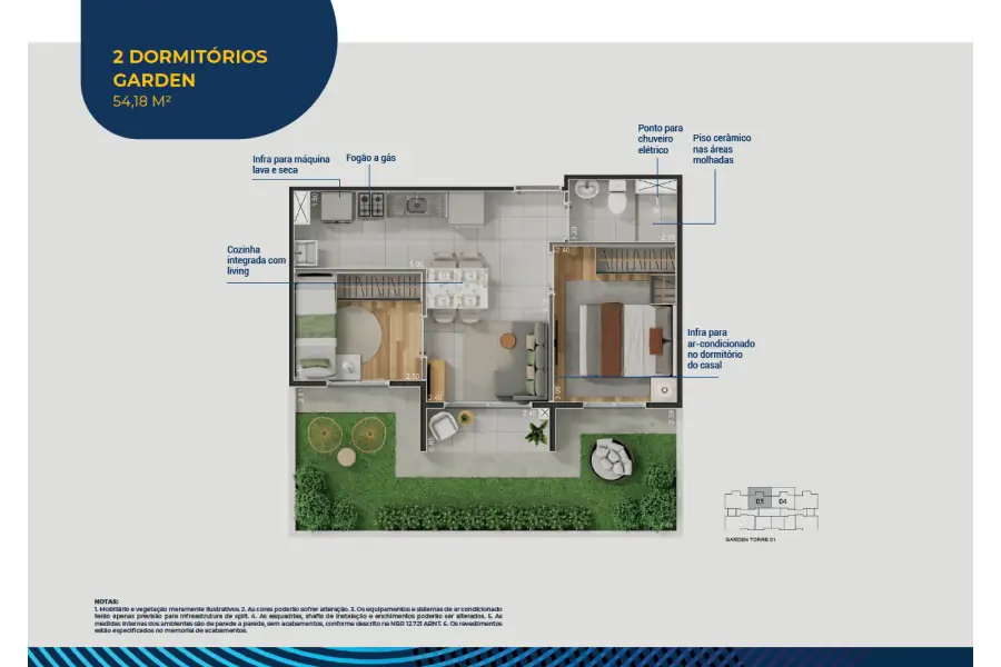 Planta de 2 dormitórios garden, 54,18 m², Abytá Nações Unidas